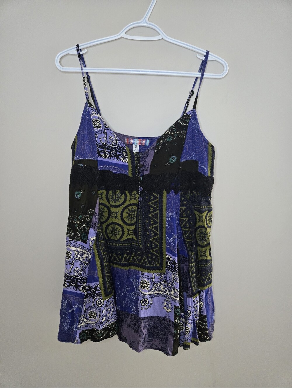 Urban Outfitters Boho Patchwork Spaghetti Strap Mini Dress Orin Purple and Olive